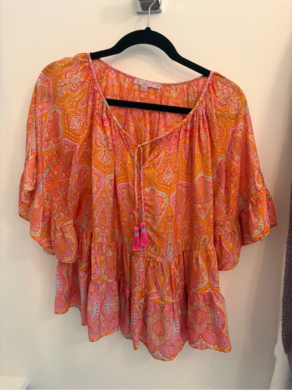 Calypso St. Barth Pink & Orange Paisley Flutter-Sleeve Silk Tunic with Tassels